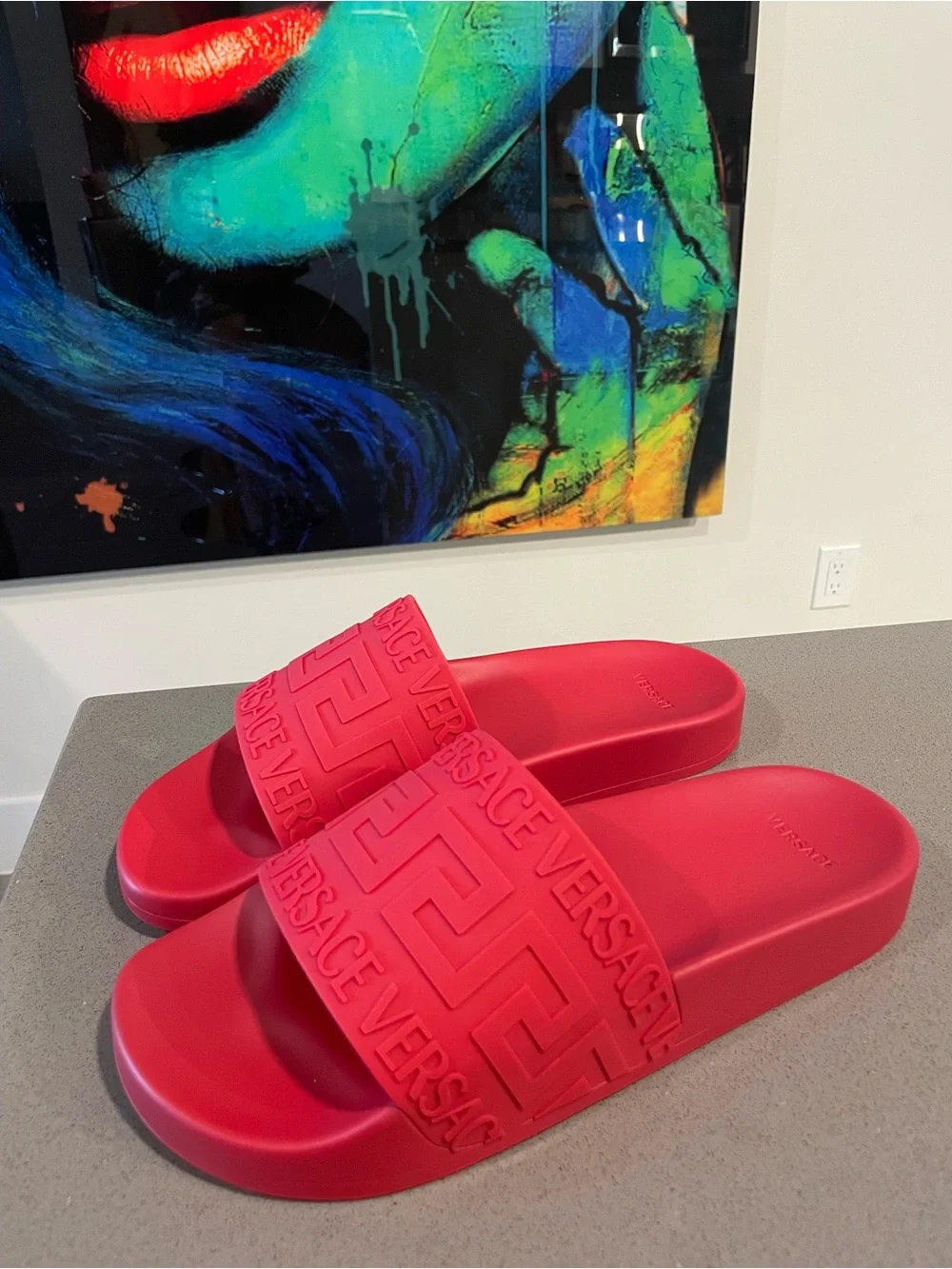 Versace Bright Red Embossed Logo Slide Sandals 42 IT 9 US